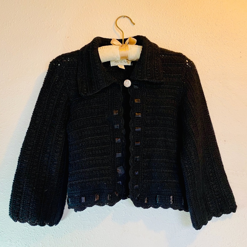 Black Knit Crop Cardigan with crystal button.
